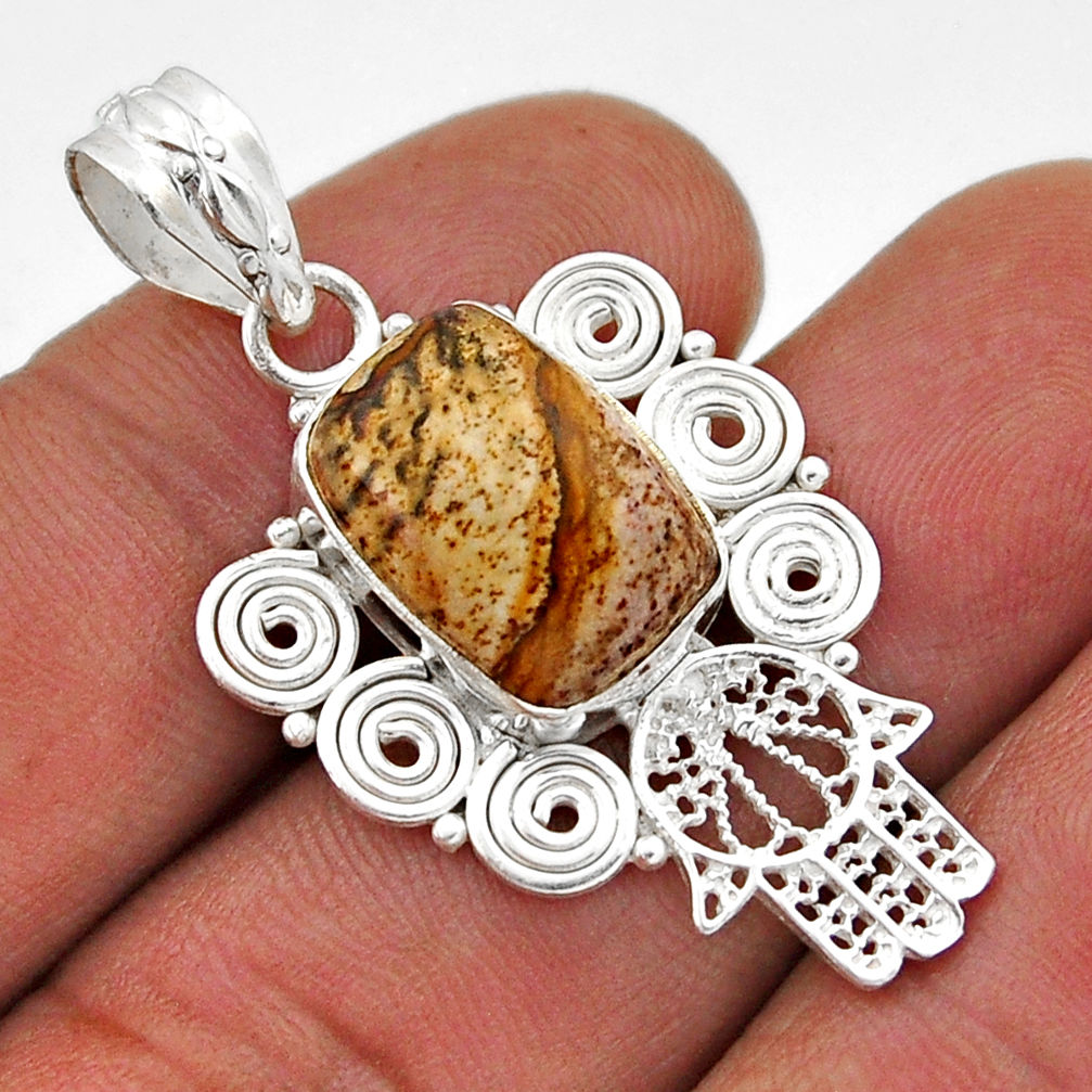 5.84cts natural brown picture jasper 925 silver hand of god hamsa pendant n46604