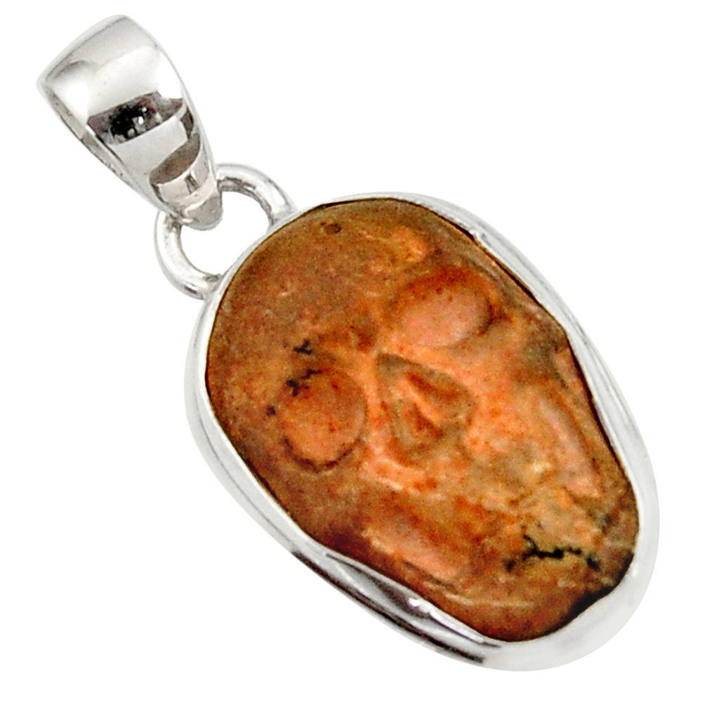  brown picture jasper carving 925 silver skull pendant d45225