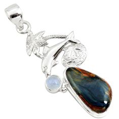 Clearance Sale- 11.44cts natural brown pietersite (african) 925 silver dolphin pendant p79635