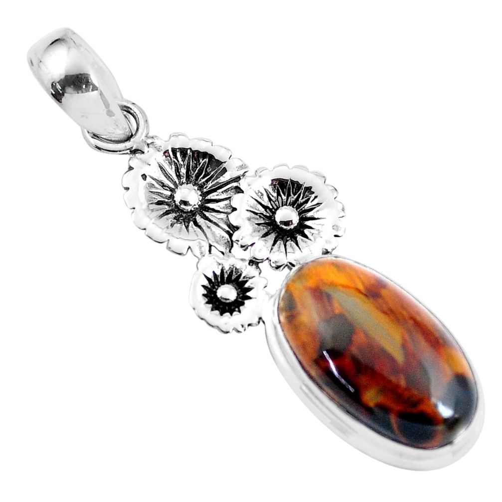 10.64cts natural brown pietersite (african) 925 silver flower pendant p59103