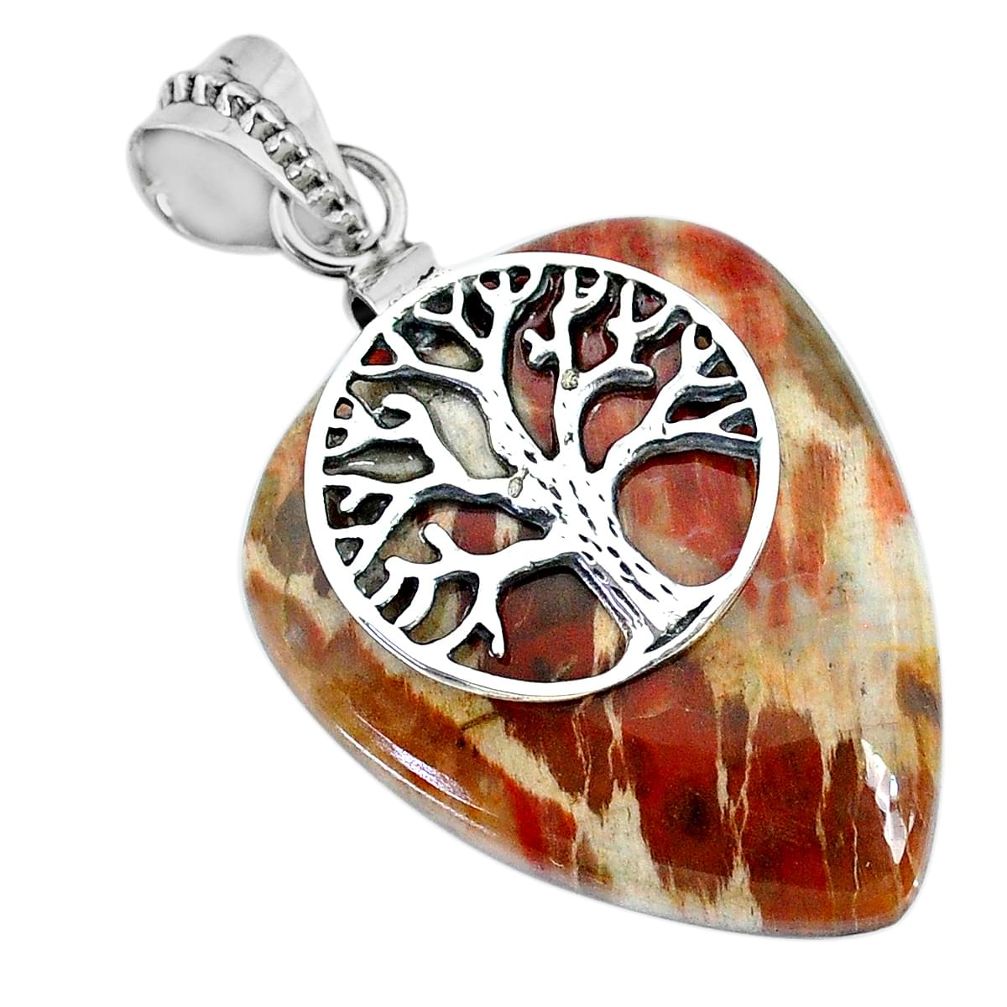 32.06cts natural brown plum wood jasper 925 silver tree of life pendant r74558