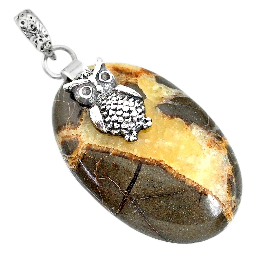 26.43cts natural brown septarian gonads 925 sterling silver owl pendant r91430