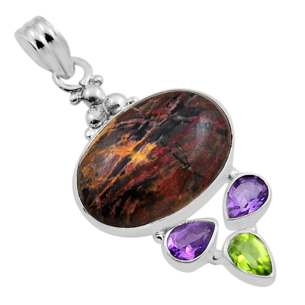 19.00cts natural brown septarian gonads amethyst peridot silver pendant n25252