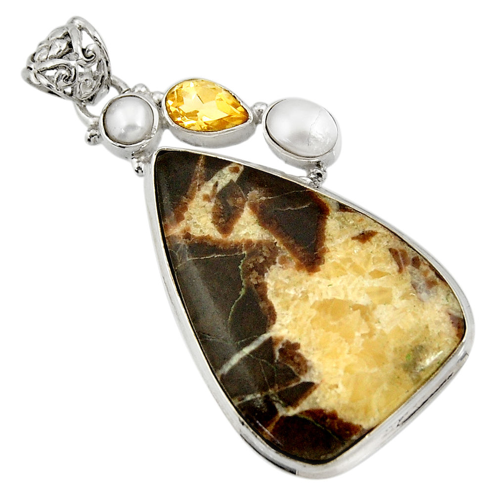 35.50cts natural brown septarian gonads citrine pearl 925 silver pendant d41489