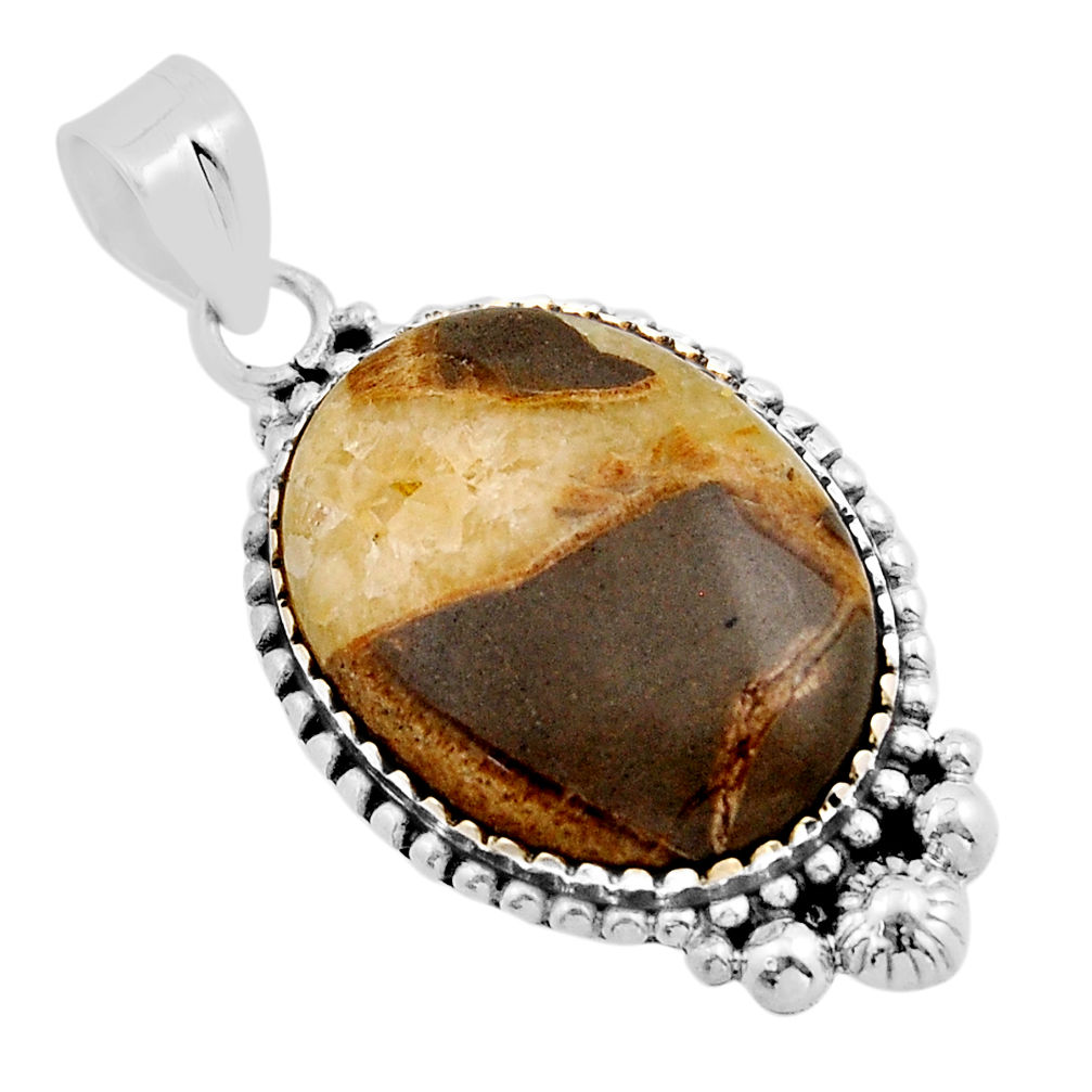 16.63cts natural brown septarian gonads oval 925 sterling silver pendant n2124