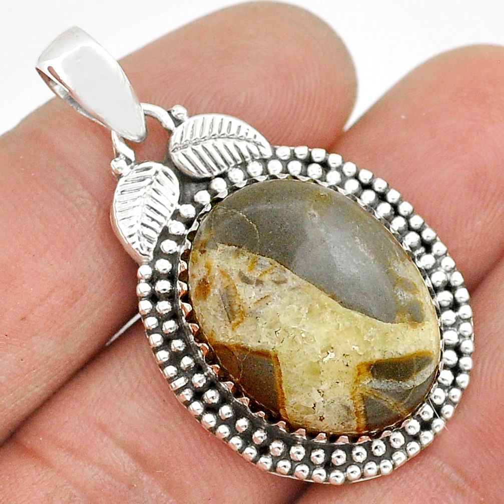 16.34cts natural brown septarian gonads oval 925 sterling silver pendant u87409