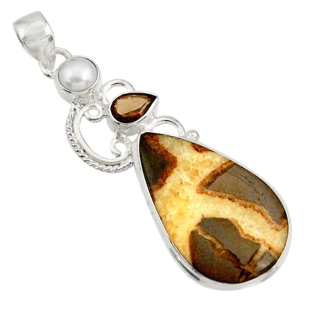 23.44cts natural brown septarian gonads smoky topaz 925 silver pendant d41498