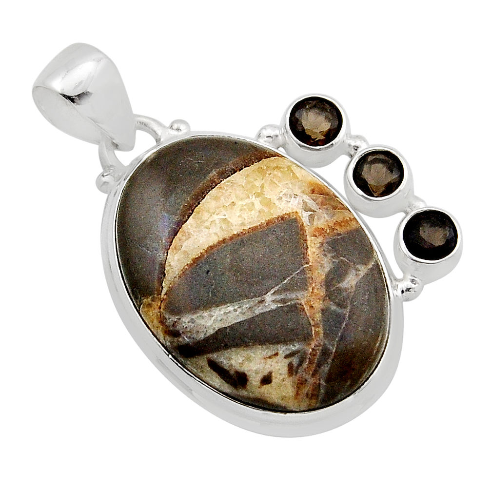 19.27cts natural brown septarian gonads smoky topaz 925 silver pendant y86878