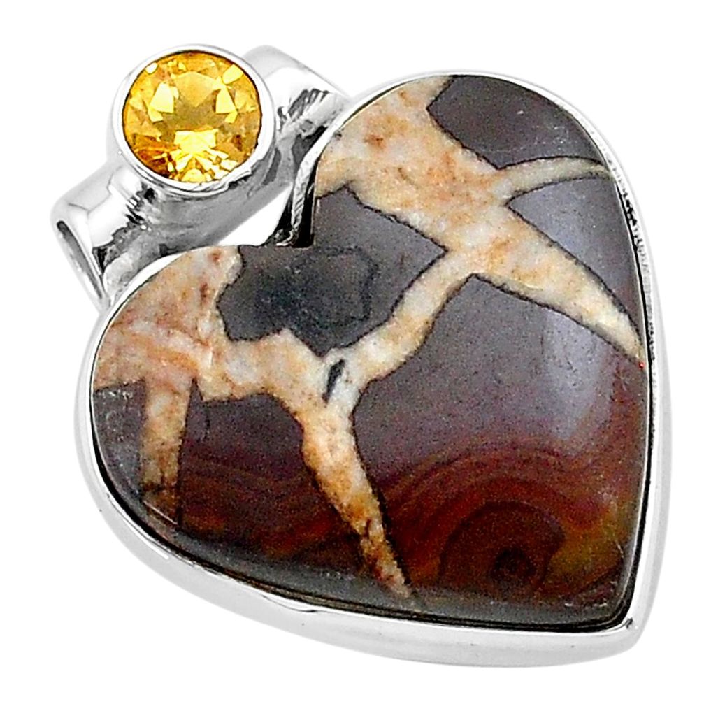 16.73cts natural brown septarian gonads yellow citrine 925 silver pendant t13182