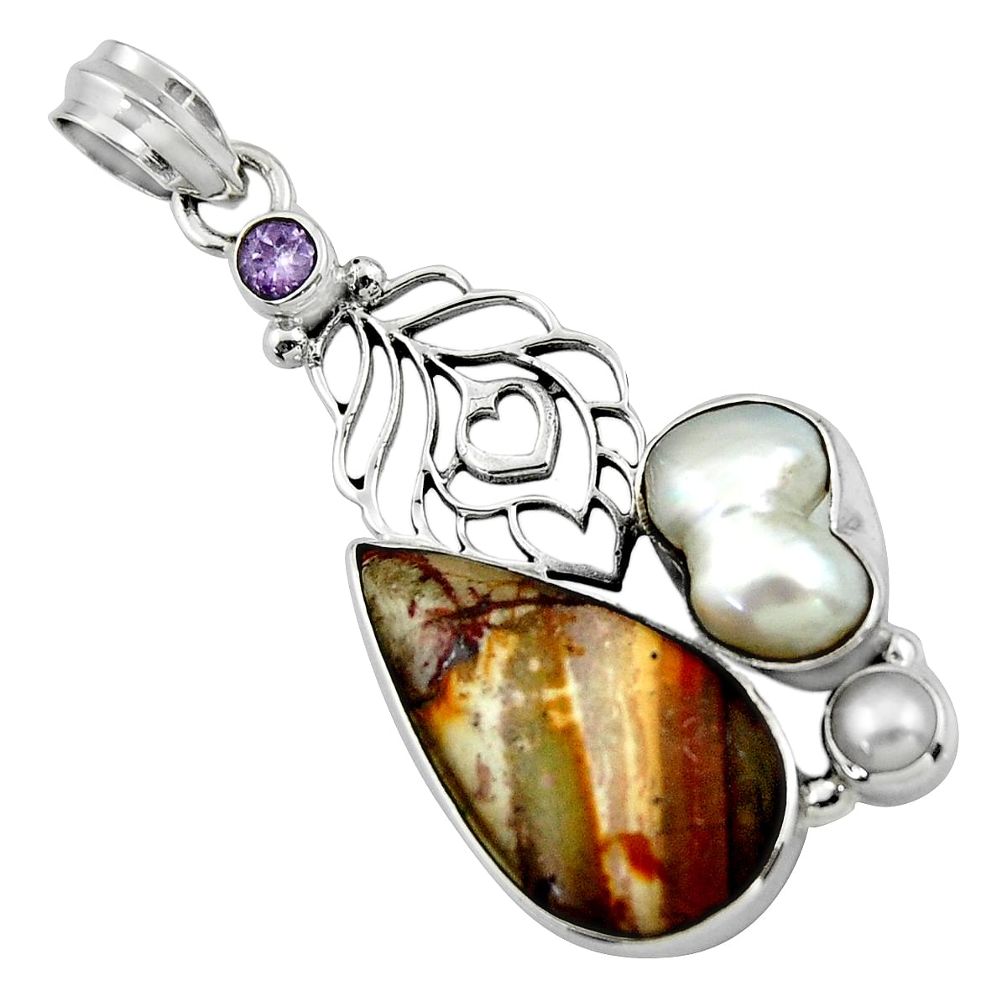 20.18cts natural brown silver leaf jasper amethyst 925 silver pendant r44529