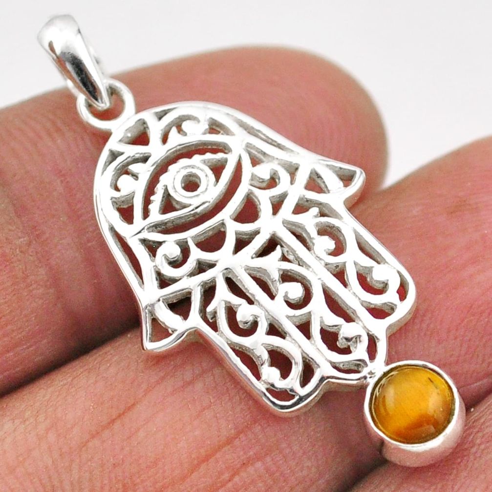 0.98cts natural brown tiger's eye 925 silver hand of god hamsa pendant t89266