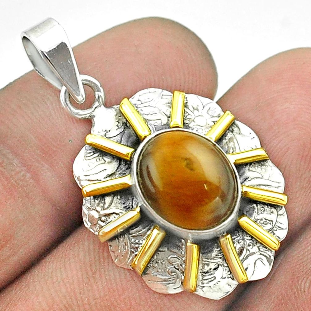 5.10cts natural brown tiger's eye 925 sterling silver 14k gold pendant t55686