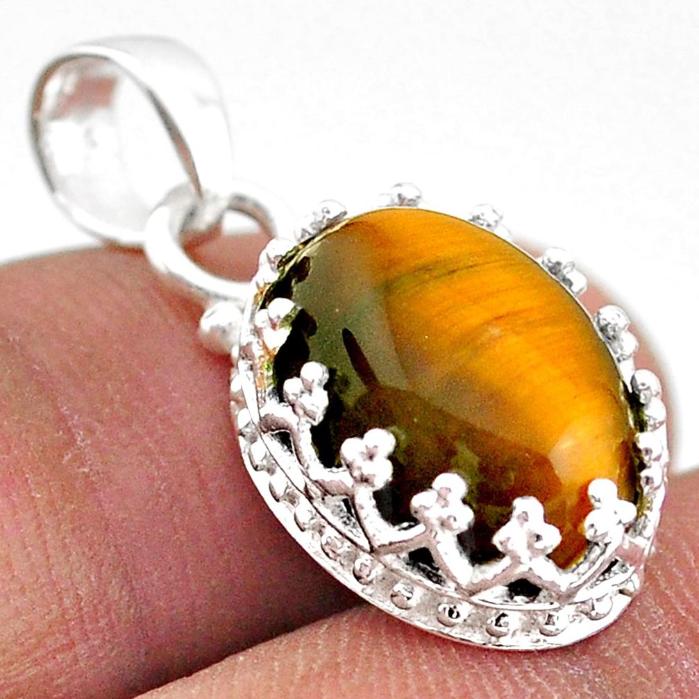 5.92cts natural brown tiger's eye 925 sterling silver crown pendant t43347