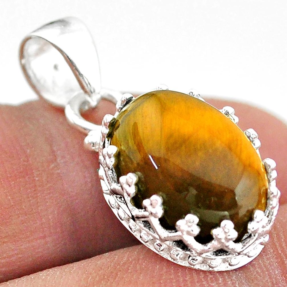 6.56cts natural brown tiger's eye 925 sterling silver crown pendant t43349