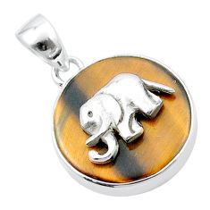 13.18cts natural brown tiger's eye 925 sterling silver elephant coin enamel pendant u34602