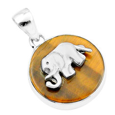 14.77cts natural brown tiger's eye 925 sterling silver elephant coin enamel pendant u34655