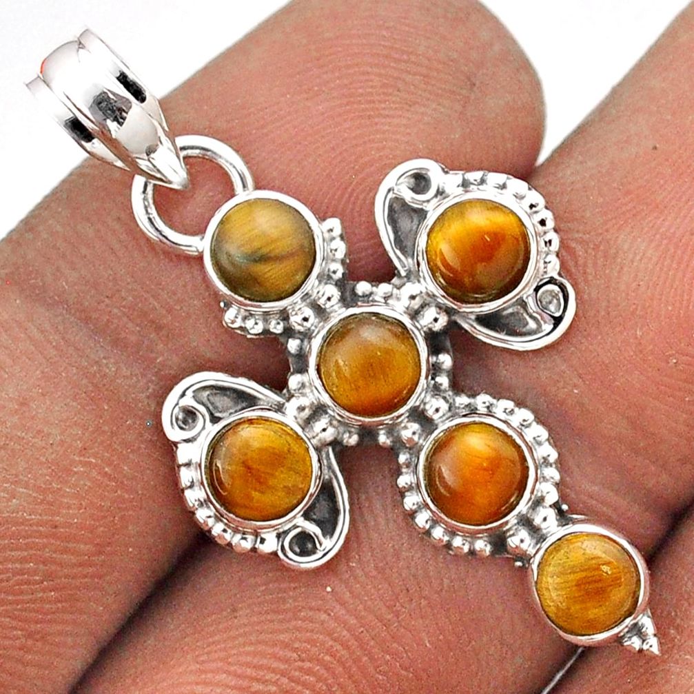 4.84cts natural brown tiger's eye 925 sterling silver holy cross pendant t85883