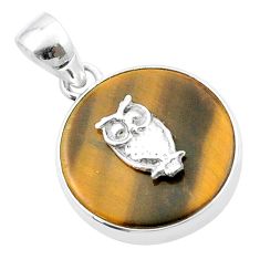 11.93cts natural brown tiger's eye 925 sterling silver owl coin enamel pendant u34601