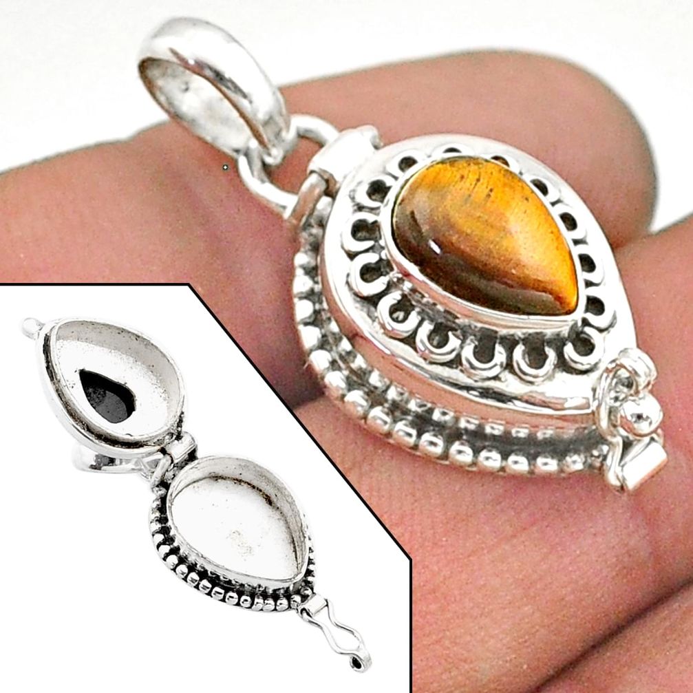 2.52cts natural brown tiger's eye 925 sterling silver poison box pendant t73543