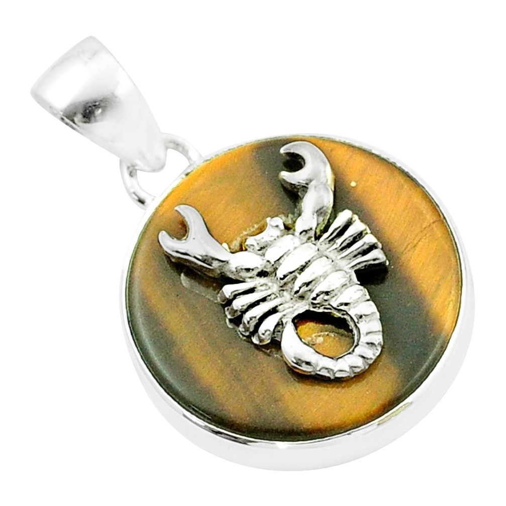 14.53cts natural brown tiger's eye 925 sterling silver scorpion coin enamel pendant u34657