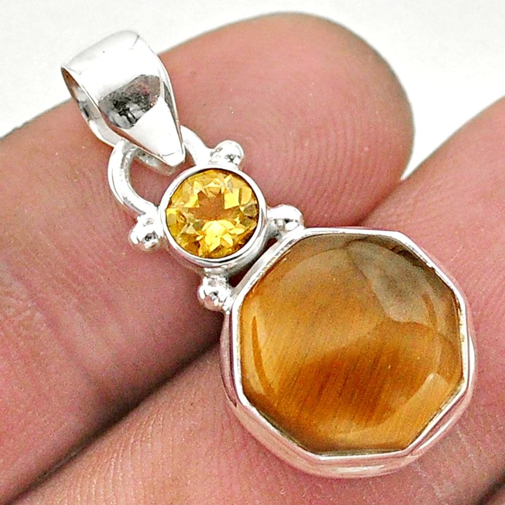 6.89cts natural brown tiger's eye hexagon citrine 925 silver pendant t46455