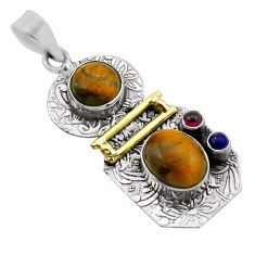 8.50cts natural brown tiger's eye lapis garnet 925 silver gold pendant n51712