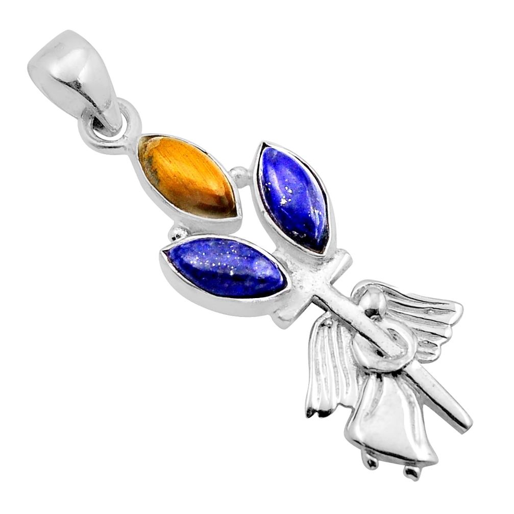 5.22cts natural brown tiger's eye lapis lazuli silver holy cross pendant y91417