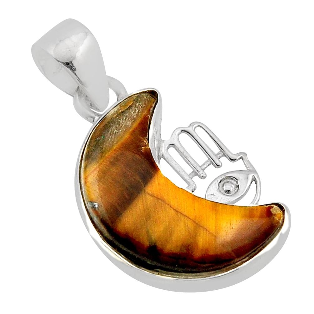 10.30cts natural brown tiger's eye moon silver hand of god hamsa pendant n2489