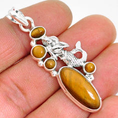 12.09cts natural brown tiger's eye oval 925 silver fairy mermaid pendant y2764