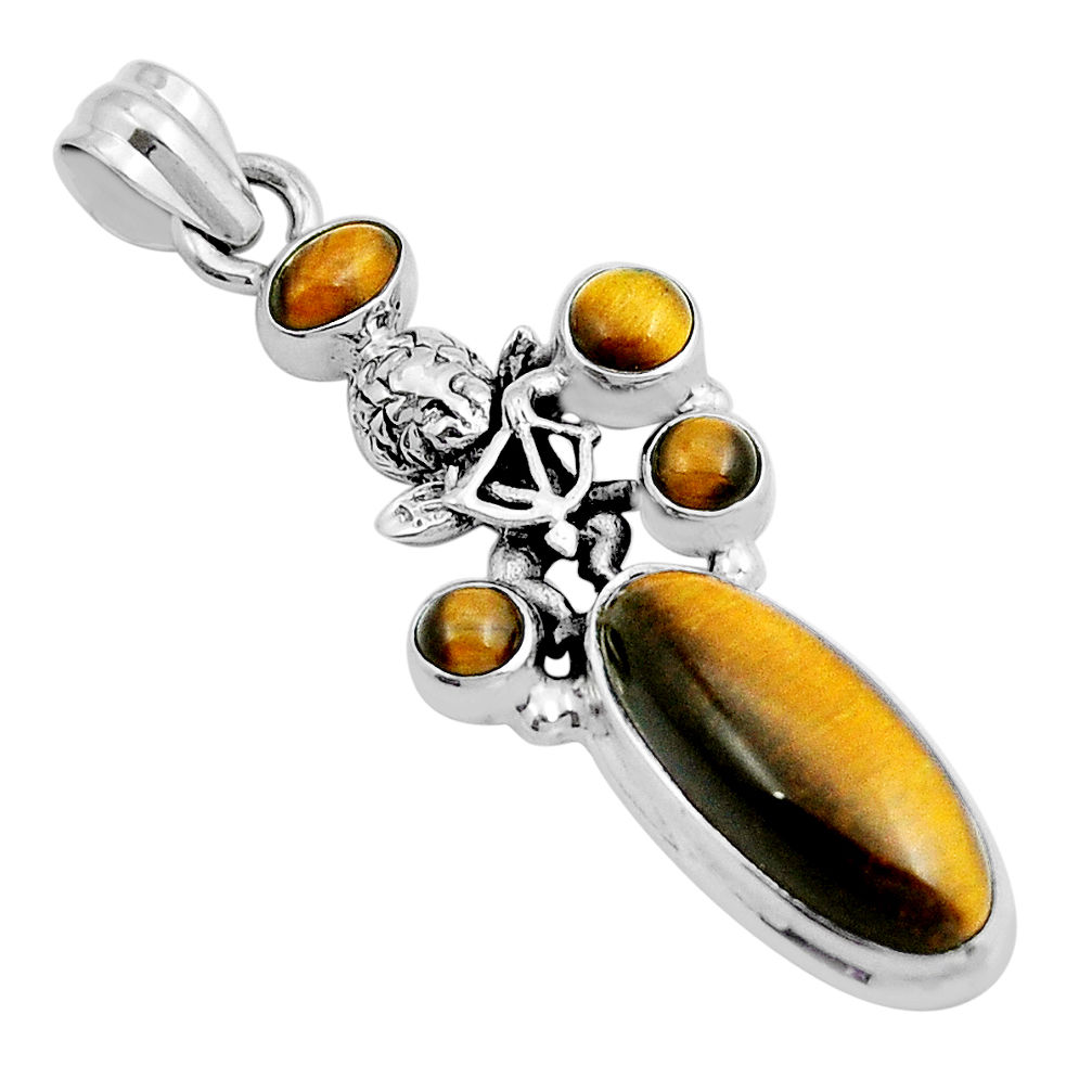 10.53cts natural brown tiger's eye oval 925 sterling silver angel pendant y6344