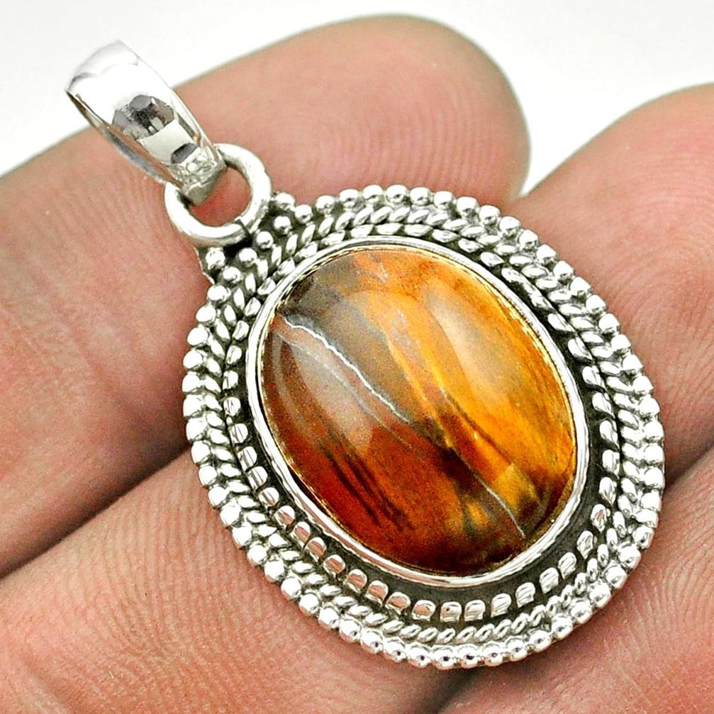 11.93cts natural brown tiger's eye oval 925 sterling silver pendant t53208
