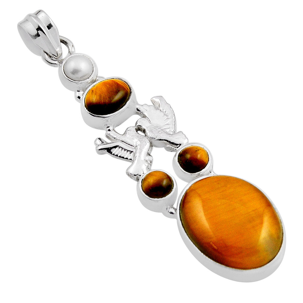 18.01cts natural brown tiger's eye pearl 925 silver love birds pendant n25270