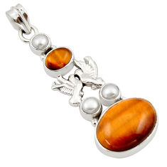 18.98cts natural brown tiger's eye pearl 925 silver love birds pendant r43020