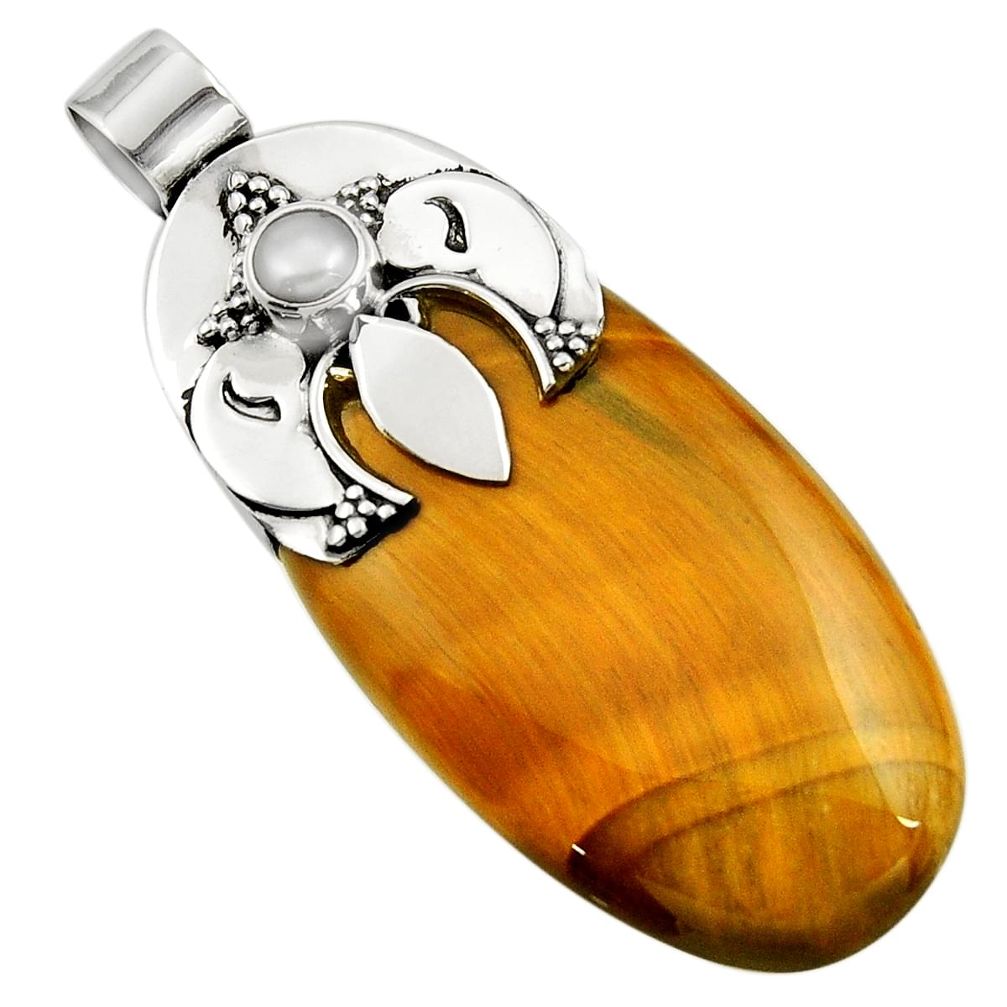 brown tiger's eye pearl 925 sterling silver pendant d45522