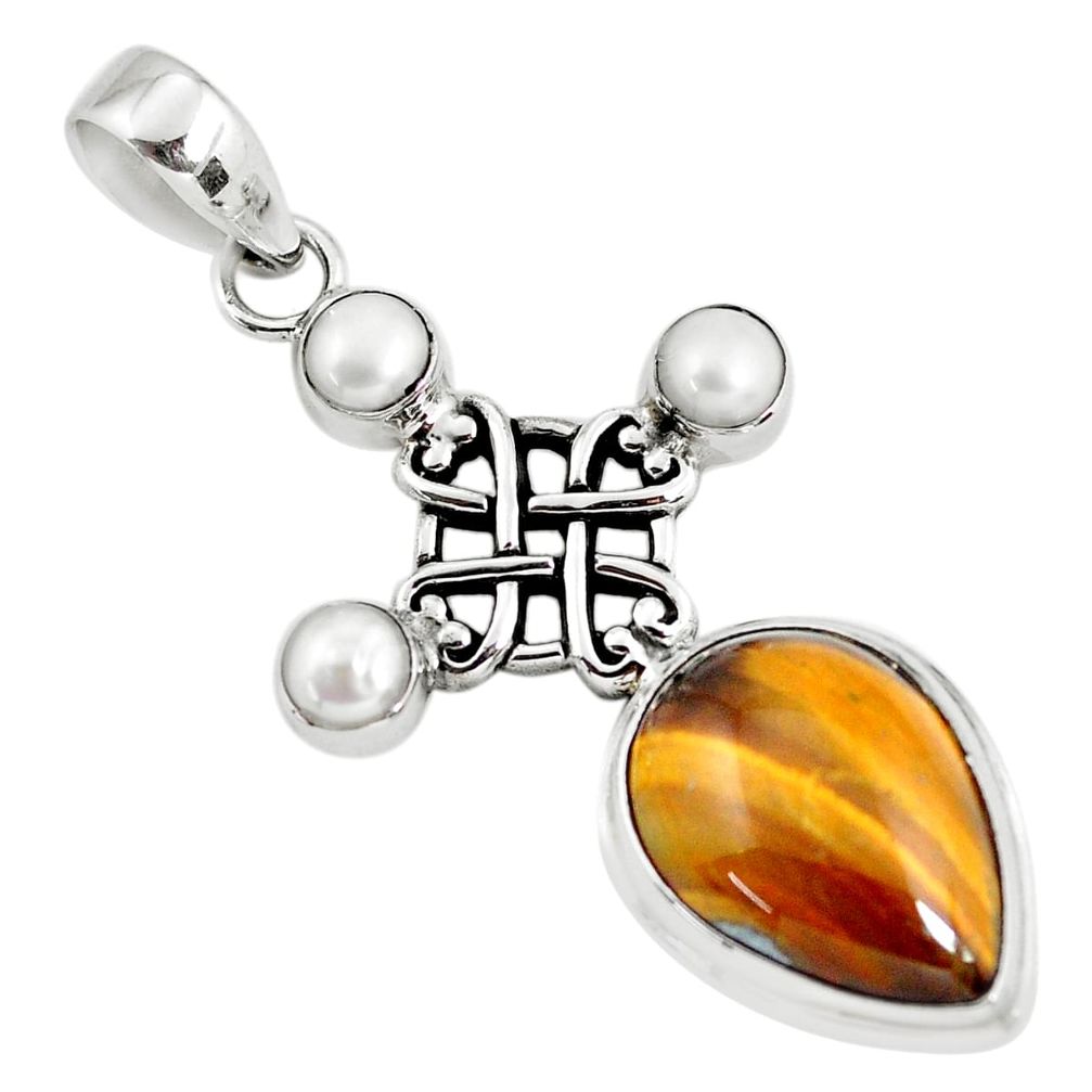 14.19cts natural brown tiger's eye pearl 925 sterling silver pendant p56863