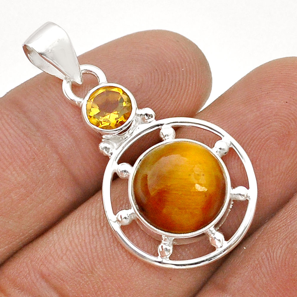 7.04cts natural brown tiger's eye round citrine 925 silver pendant u75188