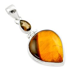 15.55cts natural brown tiger's eye smoky topaz pear 925 silver pendant t60367