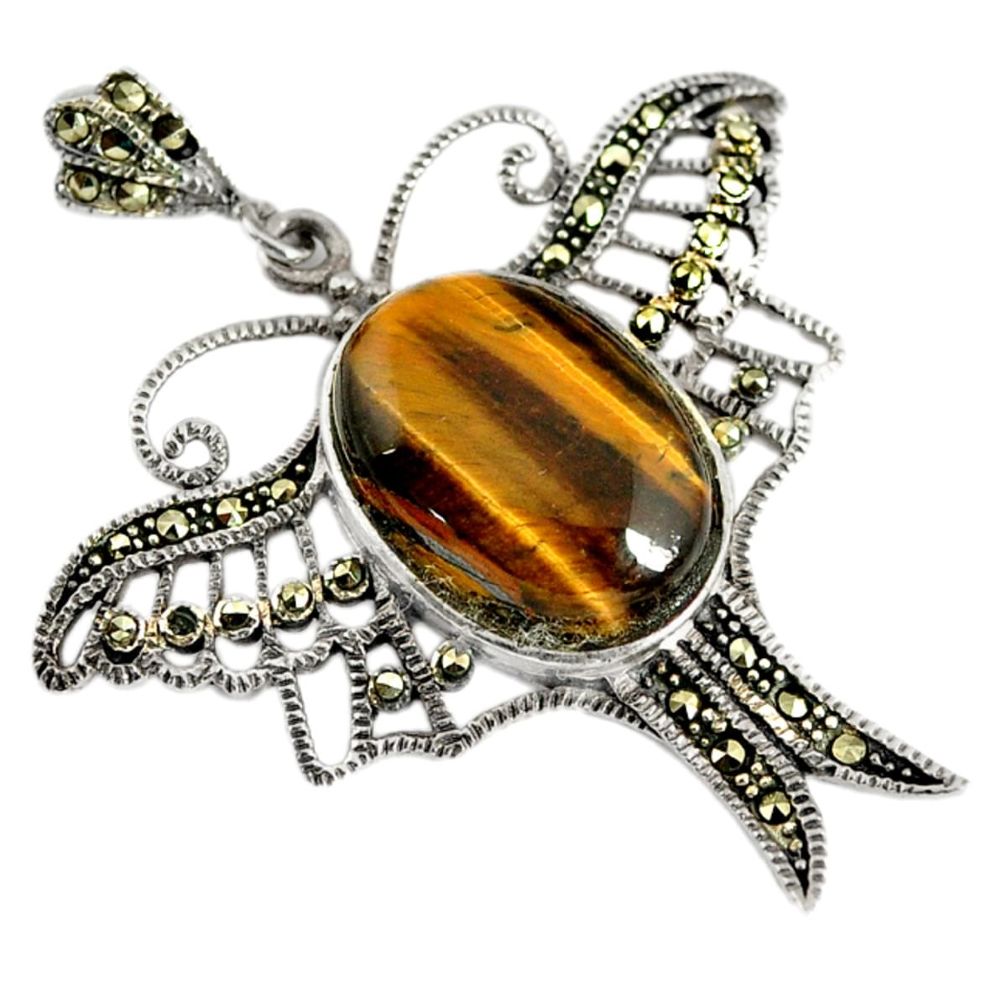 Natural brown tiger's eye swiss marcasite 925 silver dragonfly pendant c22845