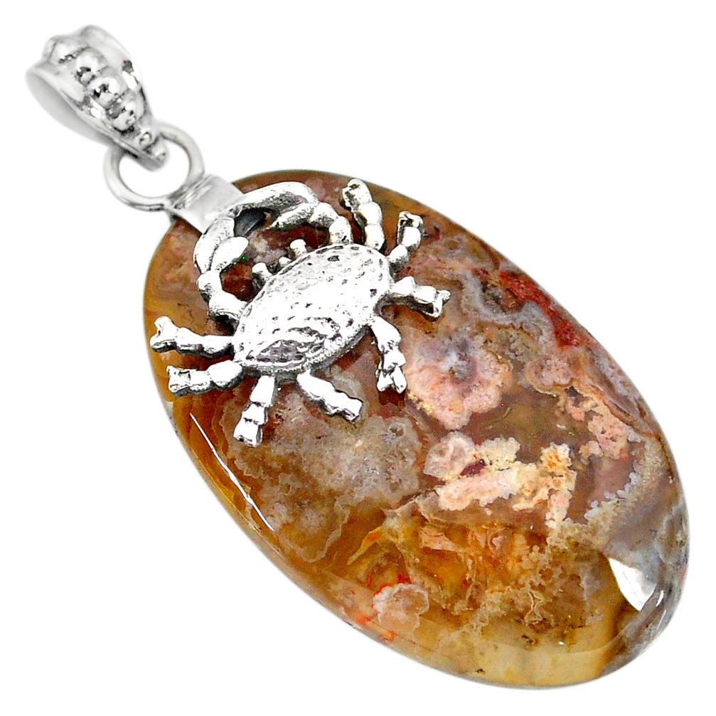 34.44cts natural brown turkish stick agate 925 silver crab pendant r91202