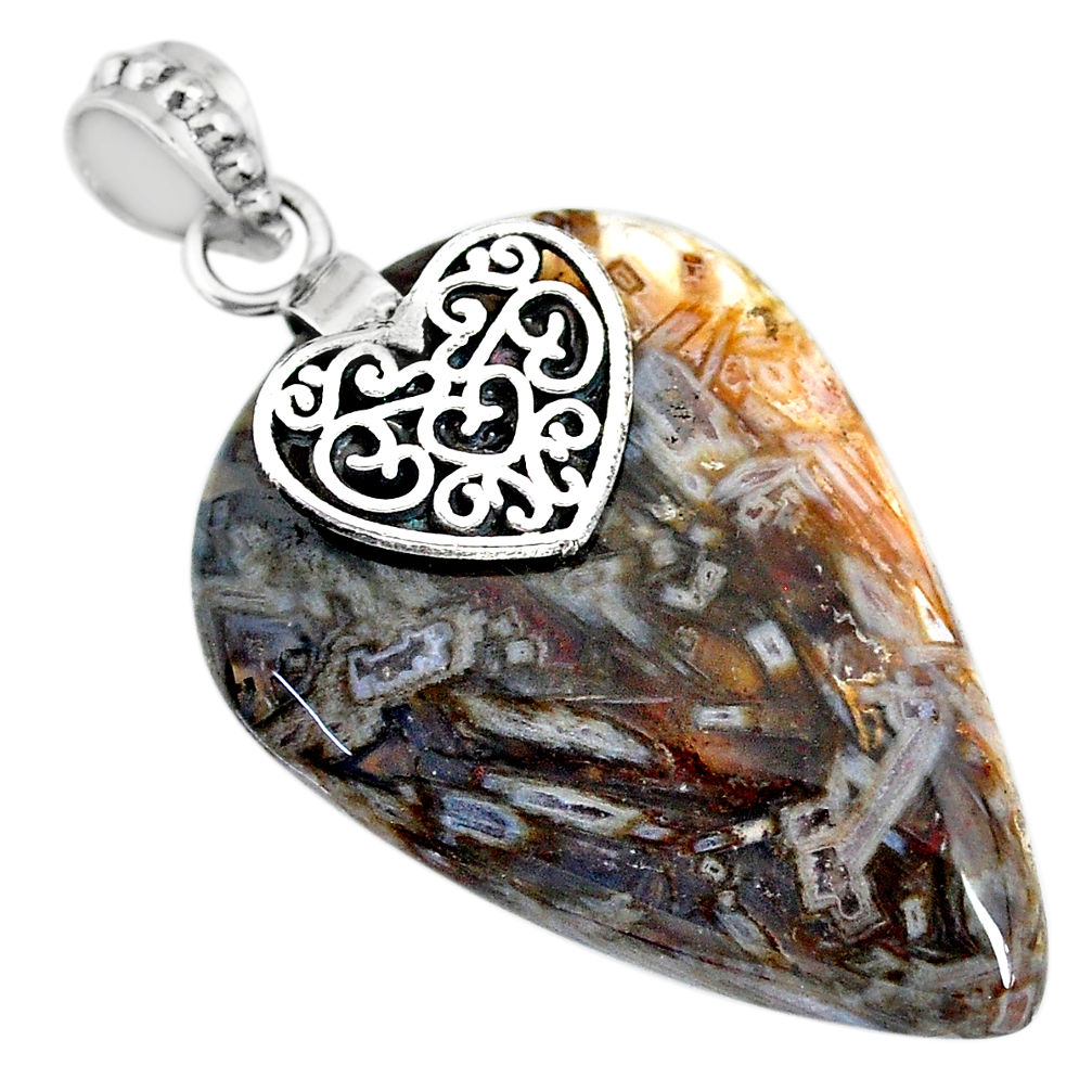 32.74cts natural brown turkish stick agate 925 silver heart pendant r91209