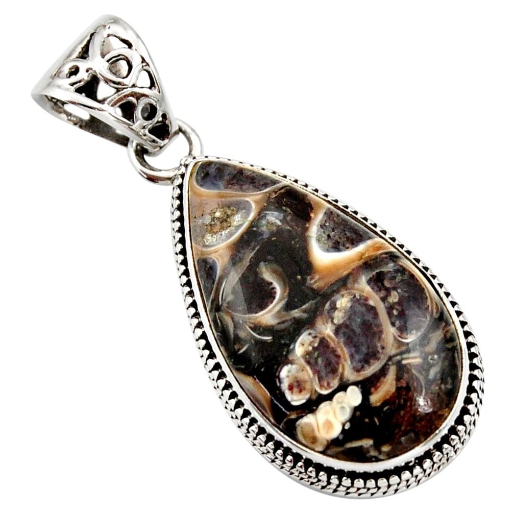 16.03cts natural brown turritella fossil snail agate 925 silver pendant d42317