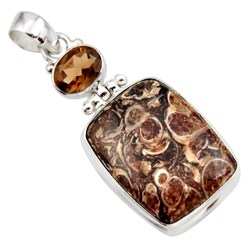 23.11cts natural brown turritella fossil snail agate 925 silver pendant d42320