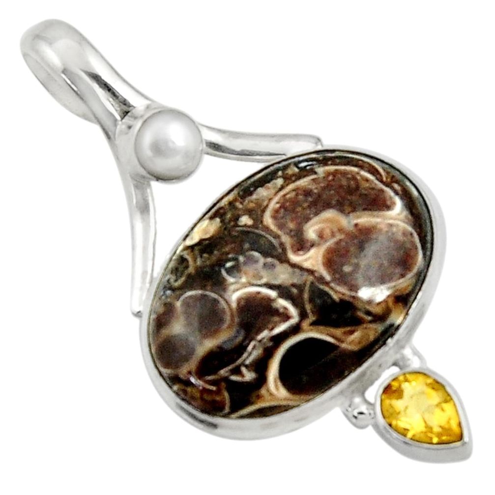  brown turritella fossil snail agate 925 silver pendant d44586