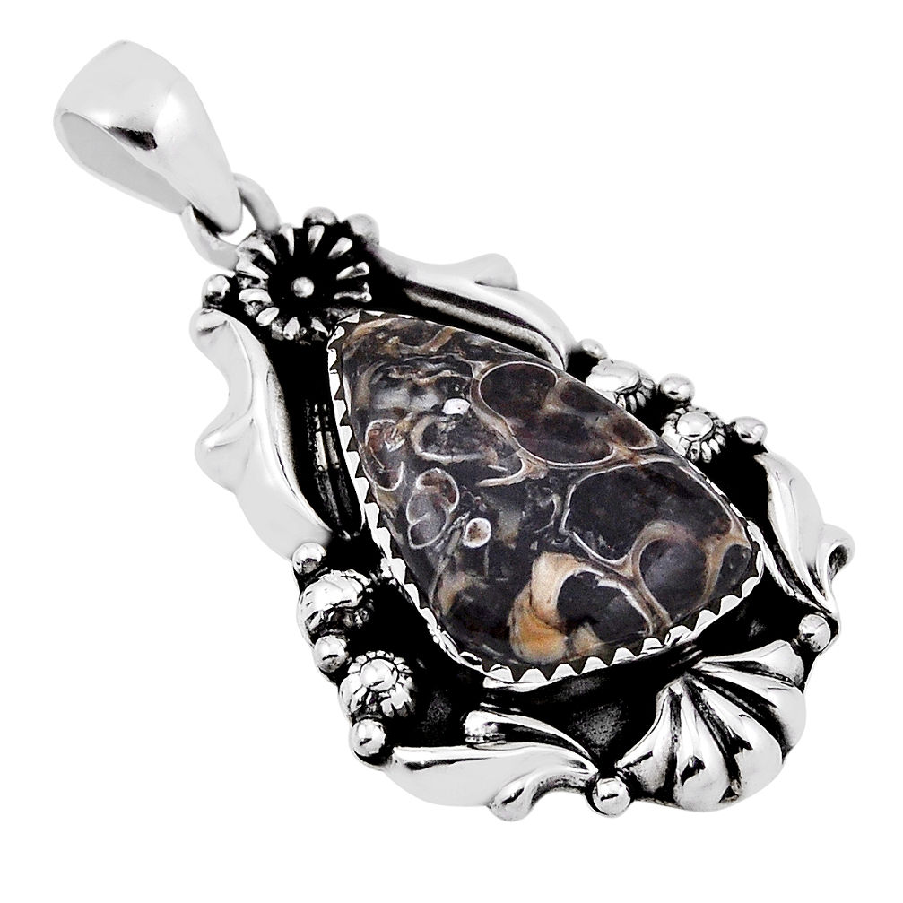 13.72cts natural brown turritella fossil snail agate 925 silver pendant n34015