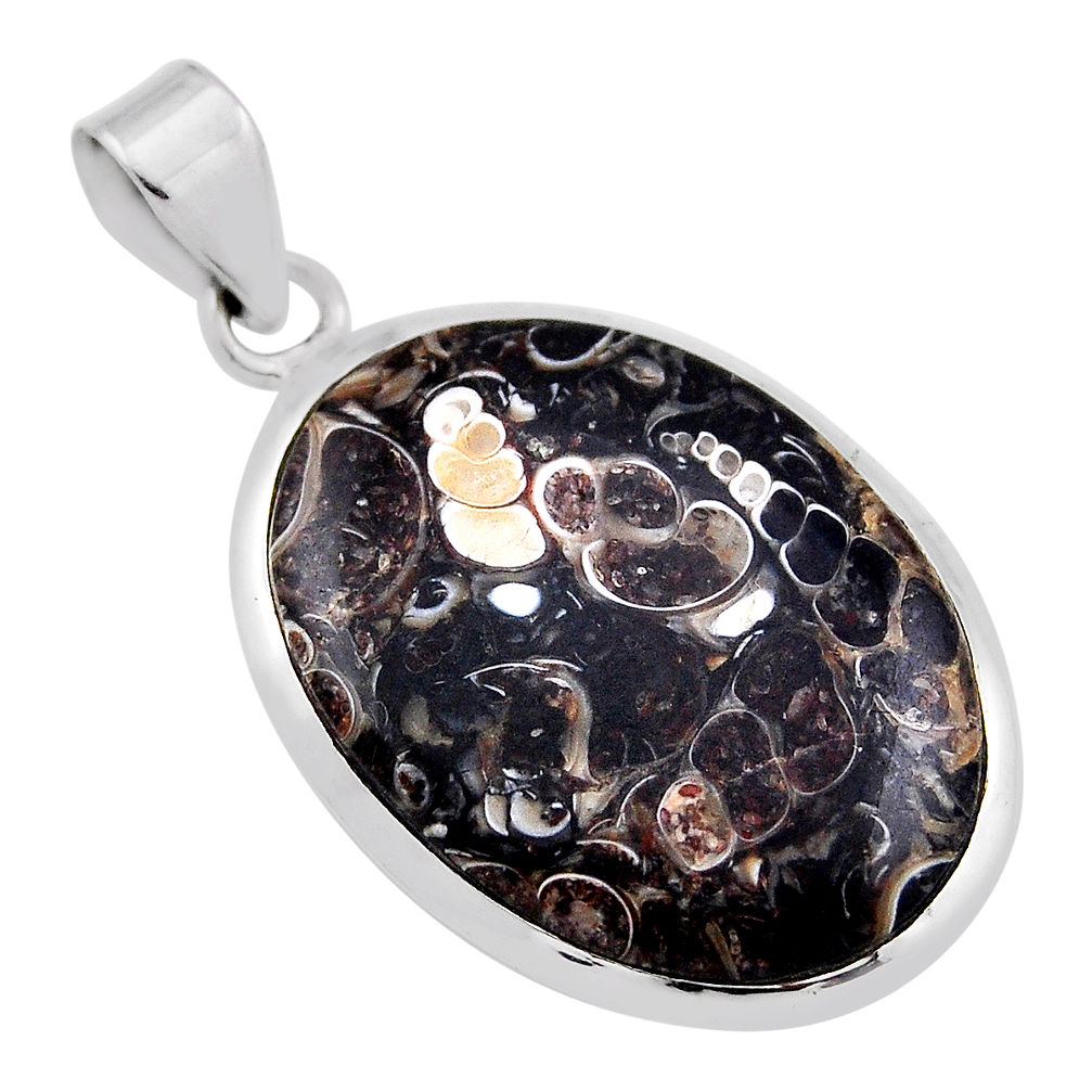 15.82cts natural brown turritella fossil snail agate 925 silver pendant n35019