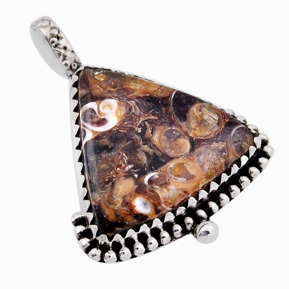 14.44cts natural brown turritella fossil snail agate 925 silver pendant n35620