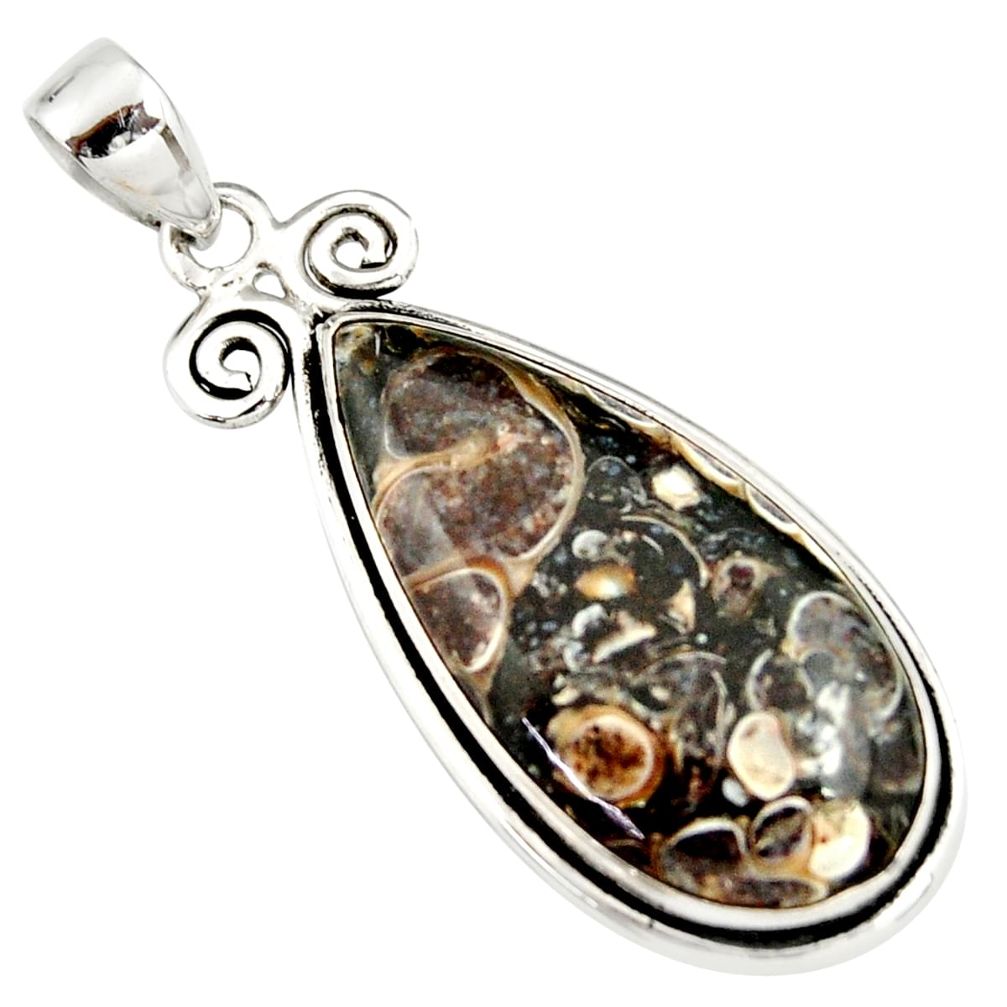 17.57cts natural brown turritella fossil snail agate 925 silver pendant r20142