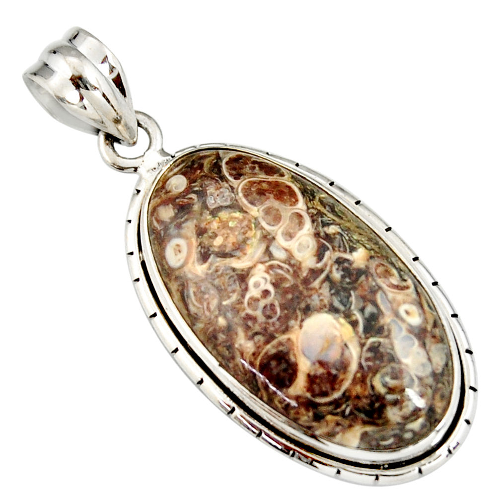 15.65cts natural brown turritella fossil snail agate 925 silver pendant r20143