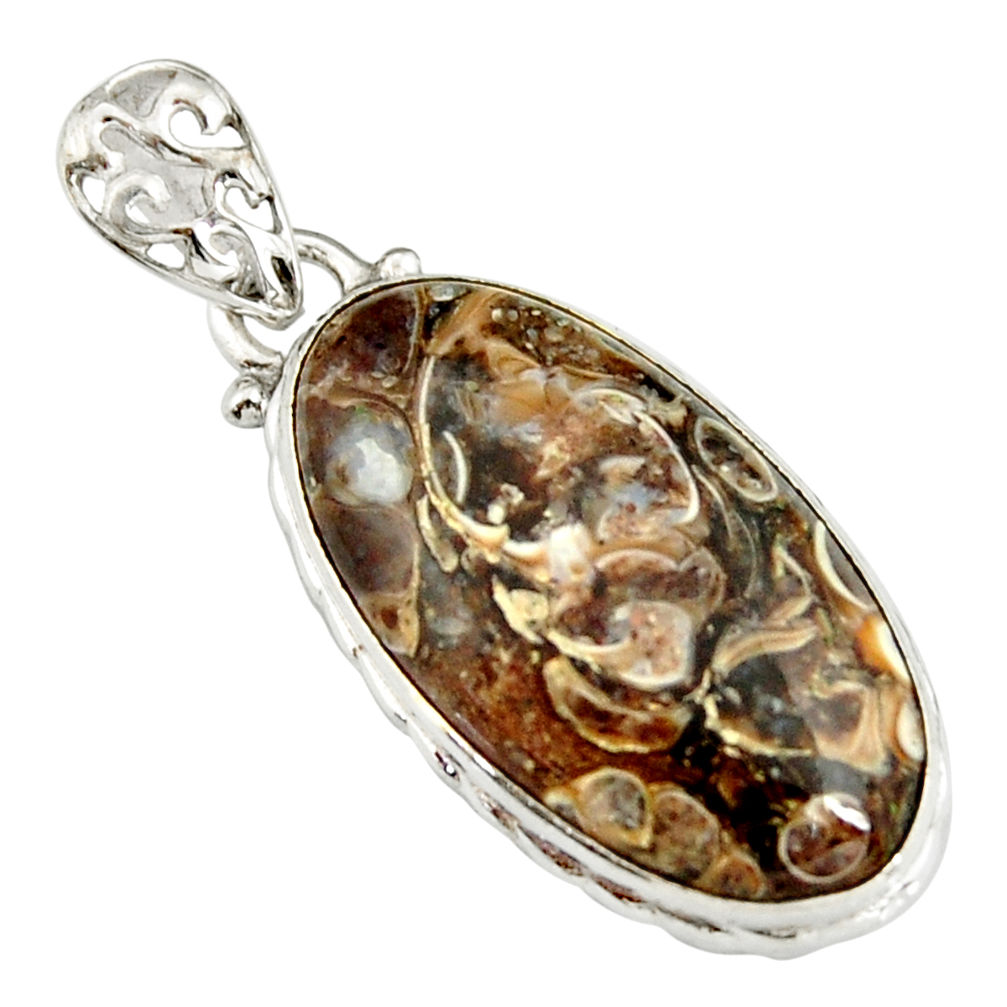 13.70cts natural brown turritella fossil snail agate 925 silver pendant r20145