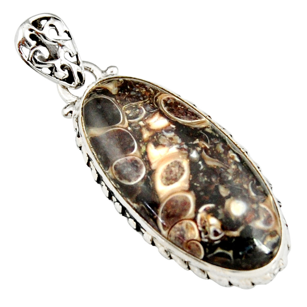 15.08cts natural brown turritella fossil snail agate 925 silver pendant r20149